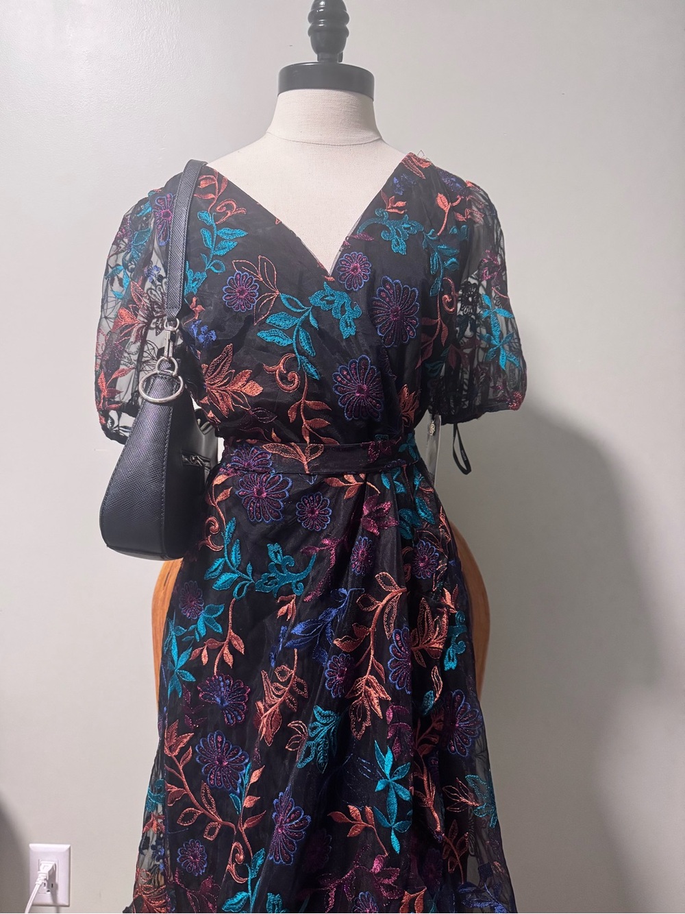 Black Floral Embroidered Wrap Dress - Multicolor